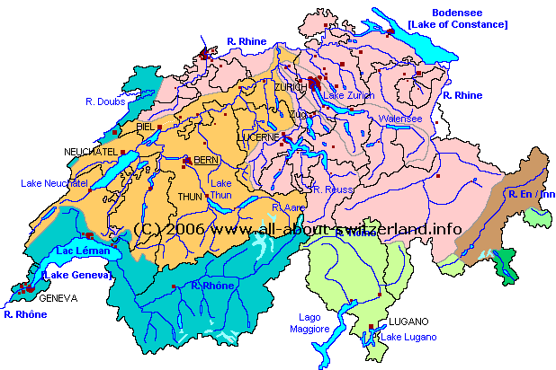 Karte der Schweizer Flüsse: Einzugsgebiet von Aare, Saane/Sarine, Orbe, Areuse, Grosse Emme