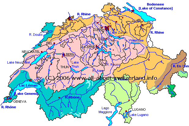 Karte der Schweizer Flüsse Rhein, Thur, Sitter, Murg, Töss, Glatt, Birs